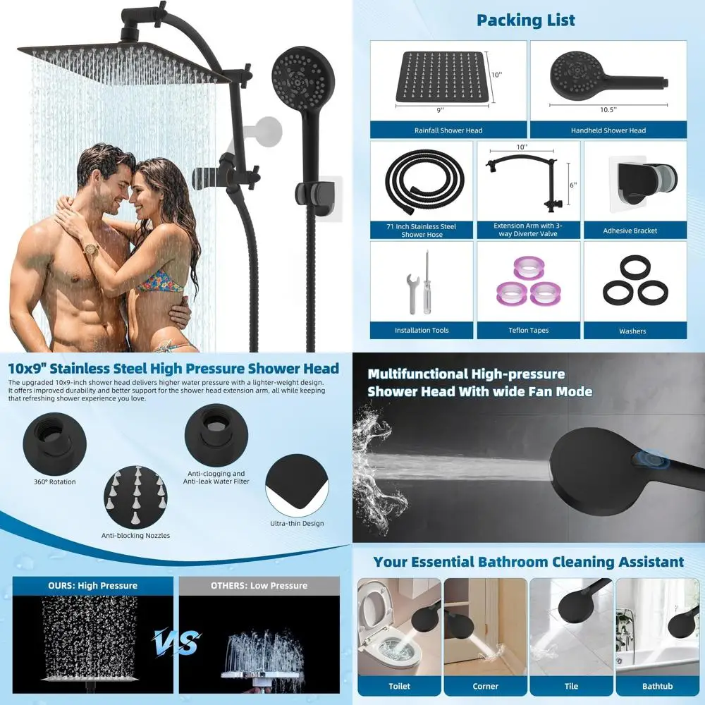 10-Inch High-Pressure Rain Shower Head Combo, Oil Rubbed Bronze, with Handheld and 16-Inch Extendable Arm, 10 Spray Modes, 71-In