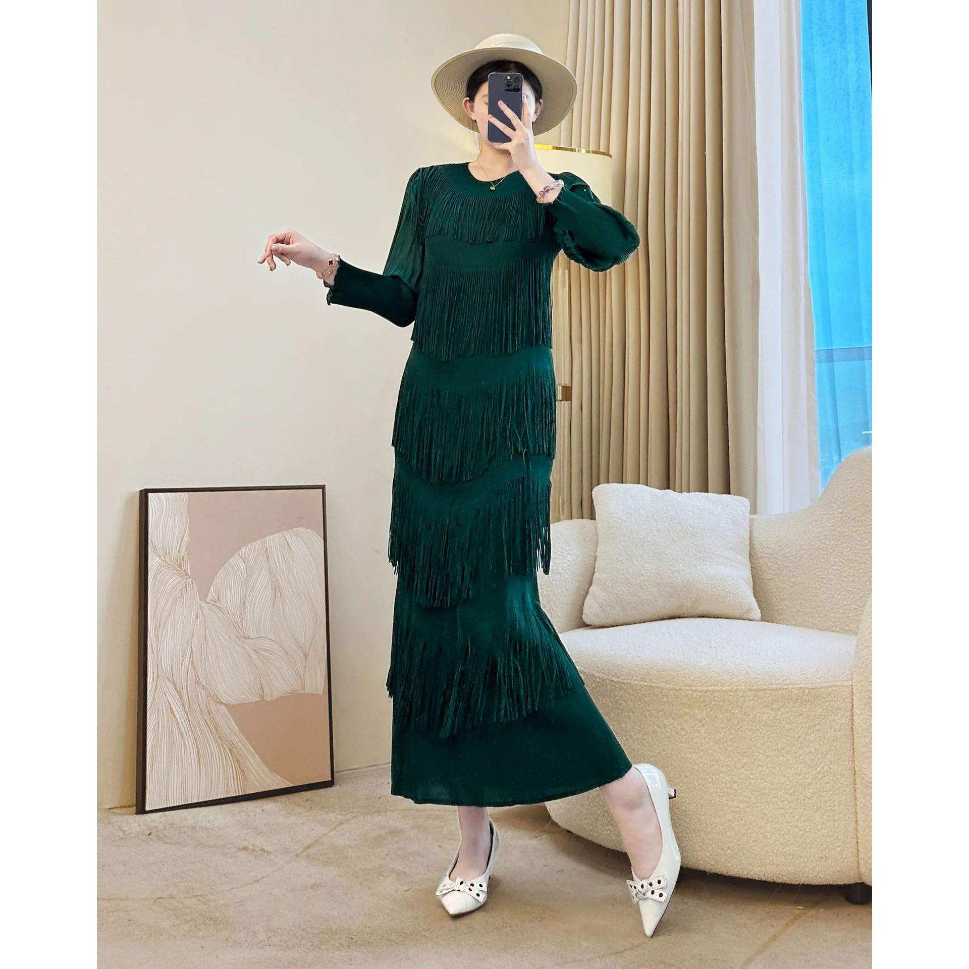 Miyake drapeado vestido plissado feminino outono moda multi camada borlas manga longa puff alta estiramento solto robe roupas de festa