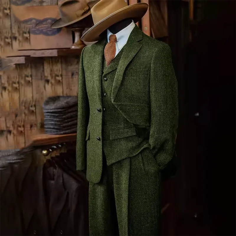 Heren driedelig pak visgraatpatroon enkele rij knopen slim fit pakken voor mannen pak set luxe 2025, kostuums man formele pakken