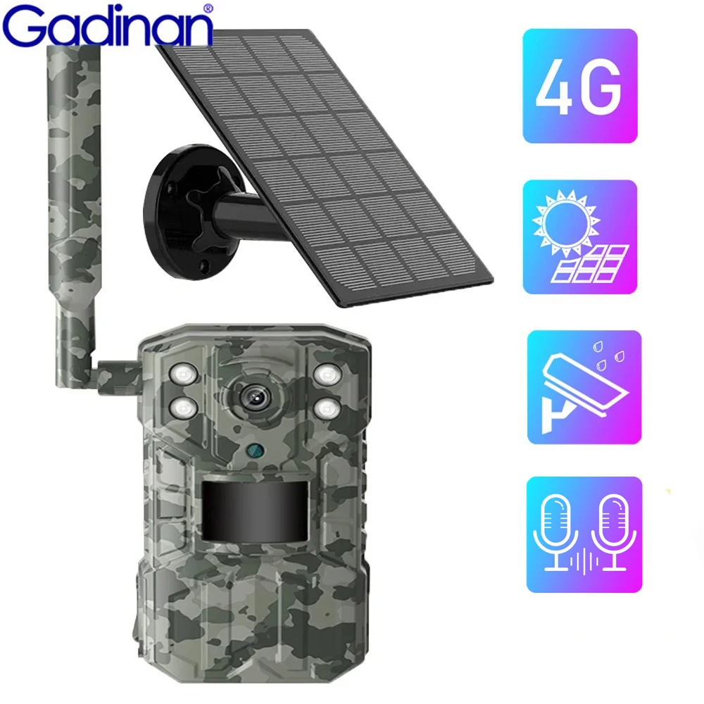 Gadinan 4G Solar Hunting Trail Camera 4MP 14MP 20M PIR Motion Detection Wildlife Camera Two Way Audio 30M Infrared Night Vision