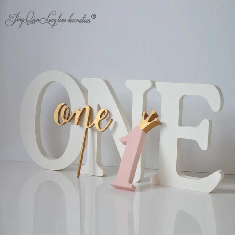 1st Birthday Photo Props & Decoration Set  wooden 20 cm large “ONE” letters one cake topper wooden number one with golden crown