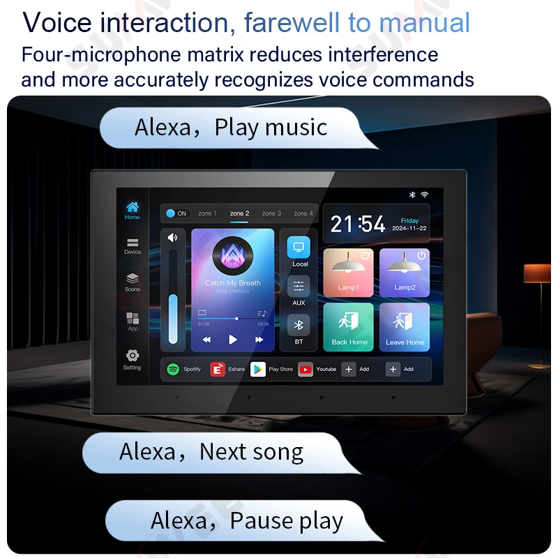 Smart home Android 11 system 4 zone audio in wall amplifier 4+32G 8 inch touch screen bluetooth music player TUYA controls panel