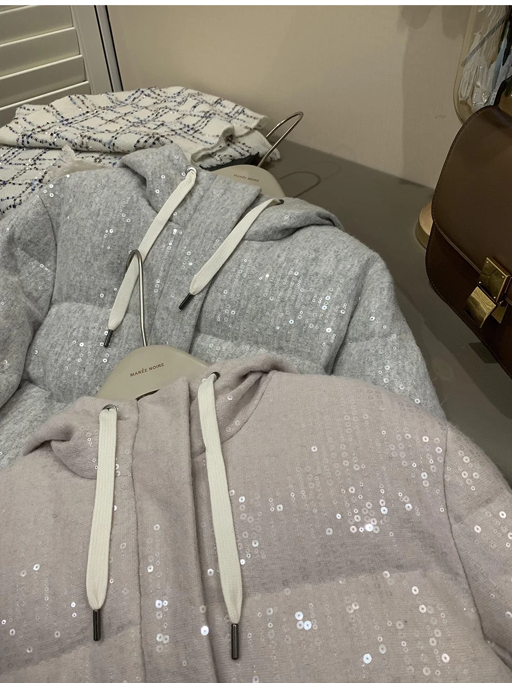 Women's Shining Sequin Hooded Goose Down Jacket Cashmere Wool Short Warm Down Jacket