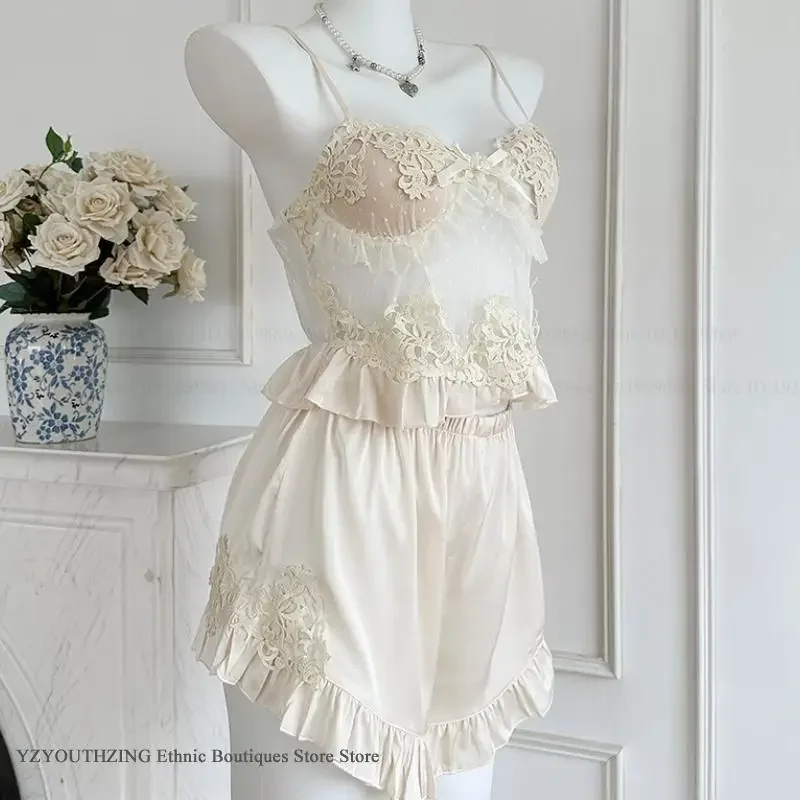 Sexy Perspective Lace Suspender Pajamas Set Intimate Lingerie Summer New Women Sleepwear Loungewear Silky Satin Pyjama Homewear