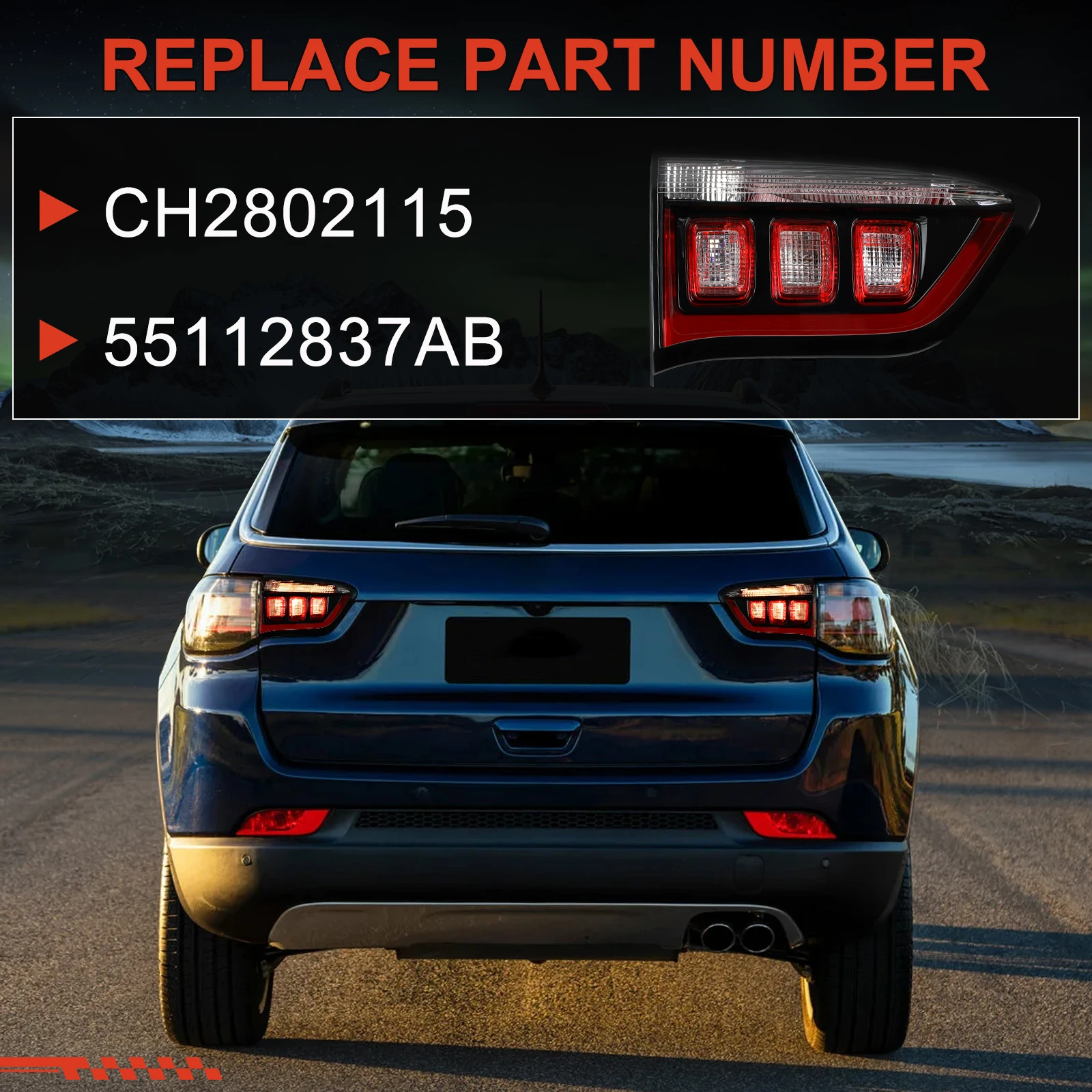 

Задний левый светодиодный галогенный задний фонарь для Jeep Compass 2017-2024, задний фонарь в сборе, стоп-сигнал CH2802115 55112837AB со стороны пассажира