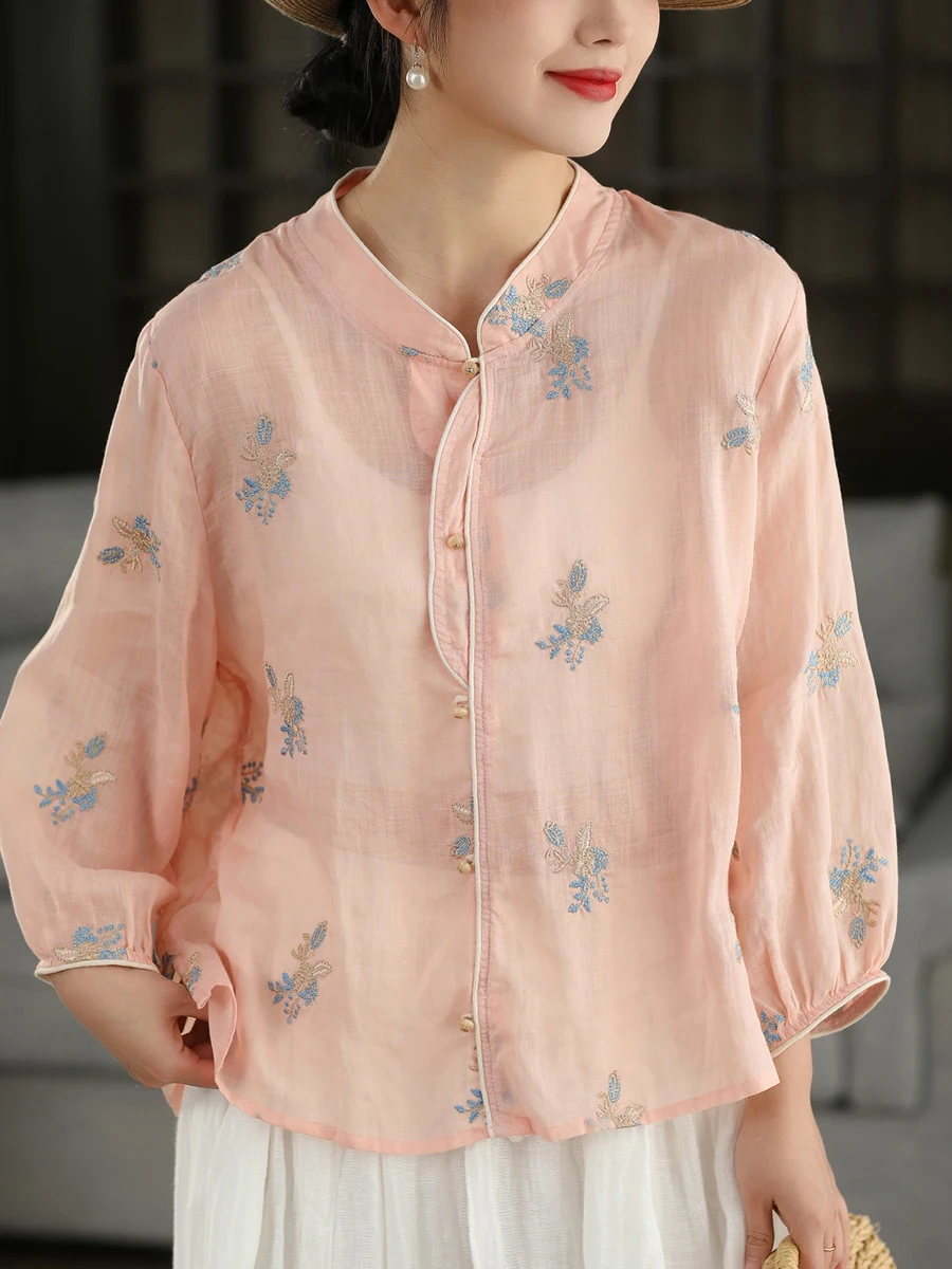 

Retro Embroidered Heavy Work Linen Shirt New Chinese Style Stand Collar Floral Breathable Loose Fit Women's Summer Top