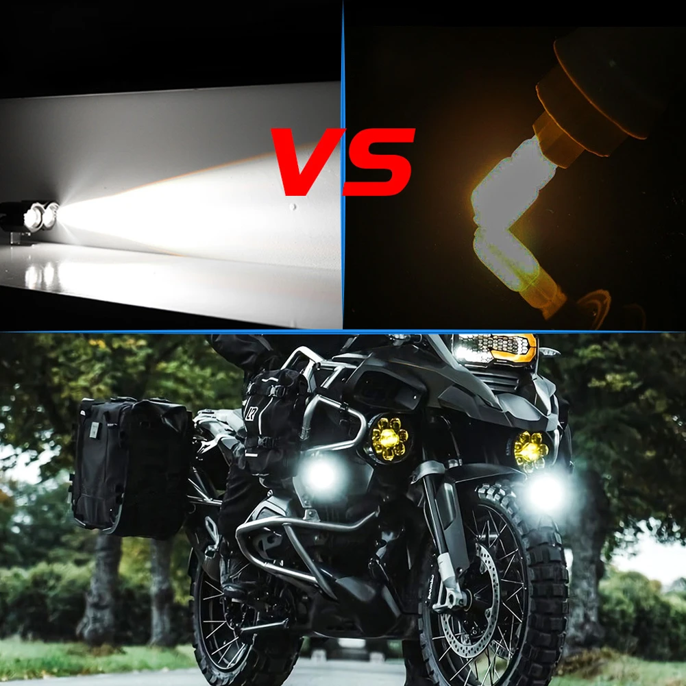 Motorcycle LED Fog Lights Spotlight Dual Lens 20W 8000LM Yellow White Double Color High/Low Beams Auxiliary Work Lights