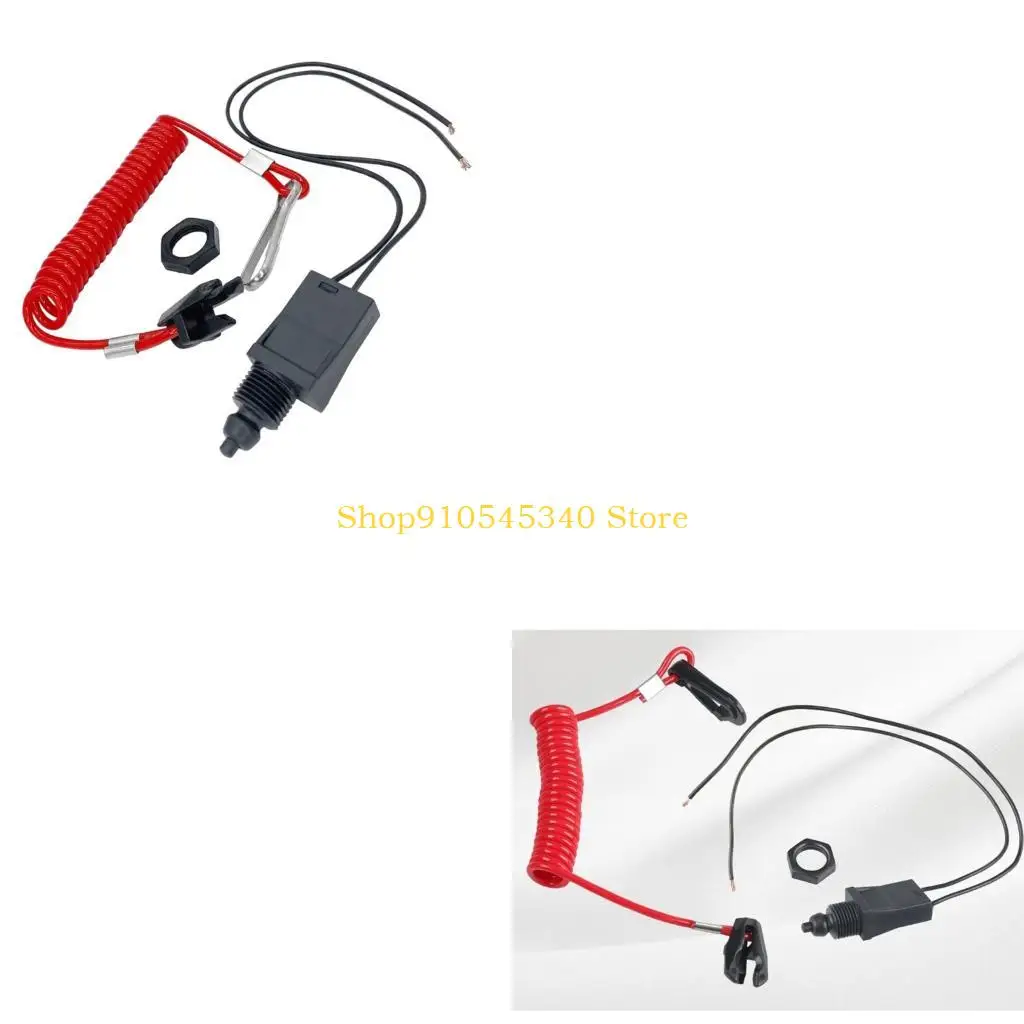 U2JA Boat Engine Emergency Stop Cord Replacement with Red Coiled Lanyard, Push Button Control Assembly and Two-Wire Leads for