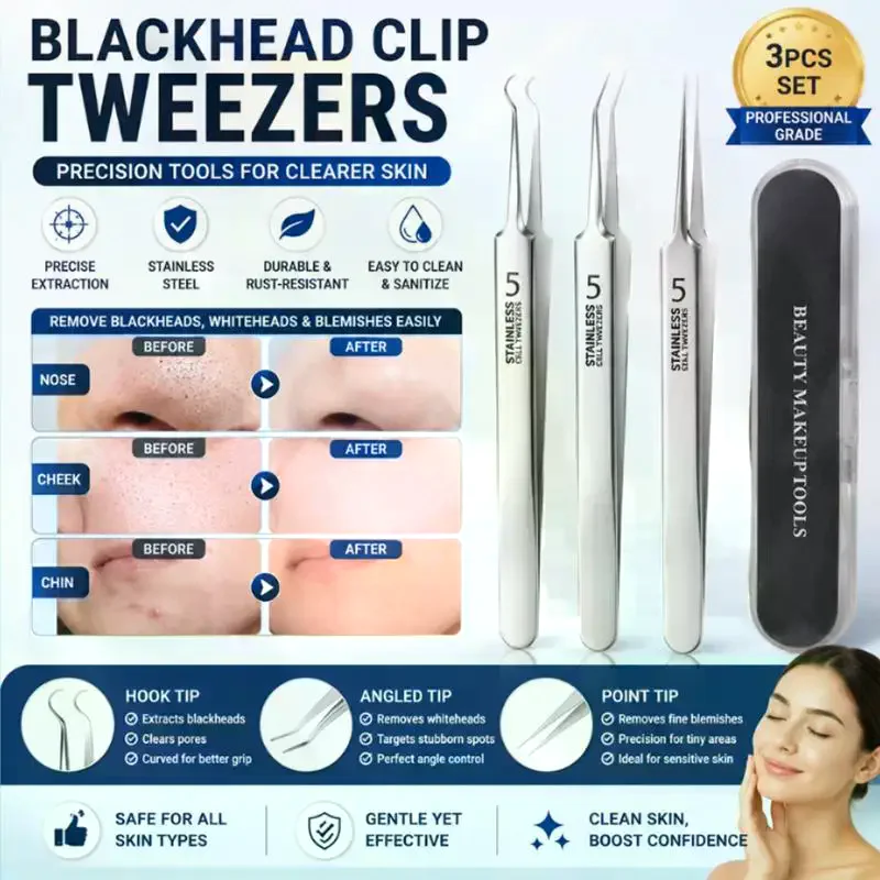 3Pcs Set Stainless Steel Blackhead Removal Tweezers With A Plastic Box High Precision And Durability Blackhead Removal Tweezers