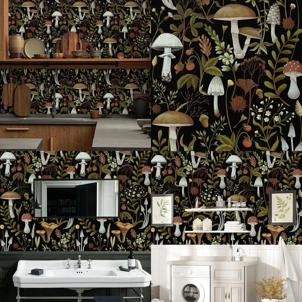 

Съемные виниловые обои с узором в стиле бохо (цветы и грибы) — 5,25 x 30,05 м для домашнего декора