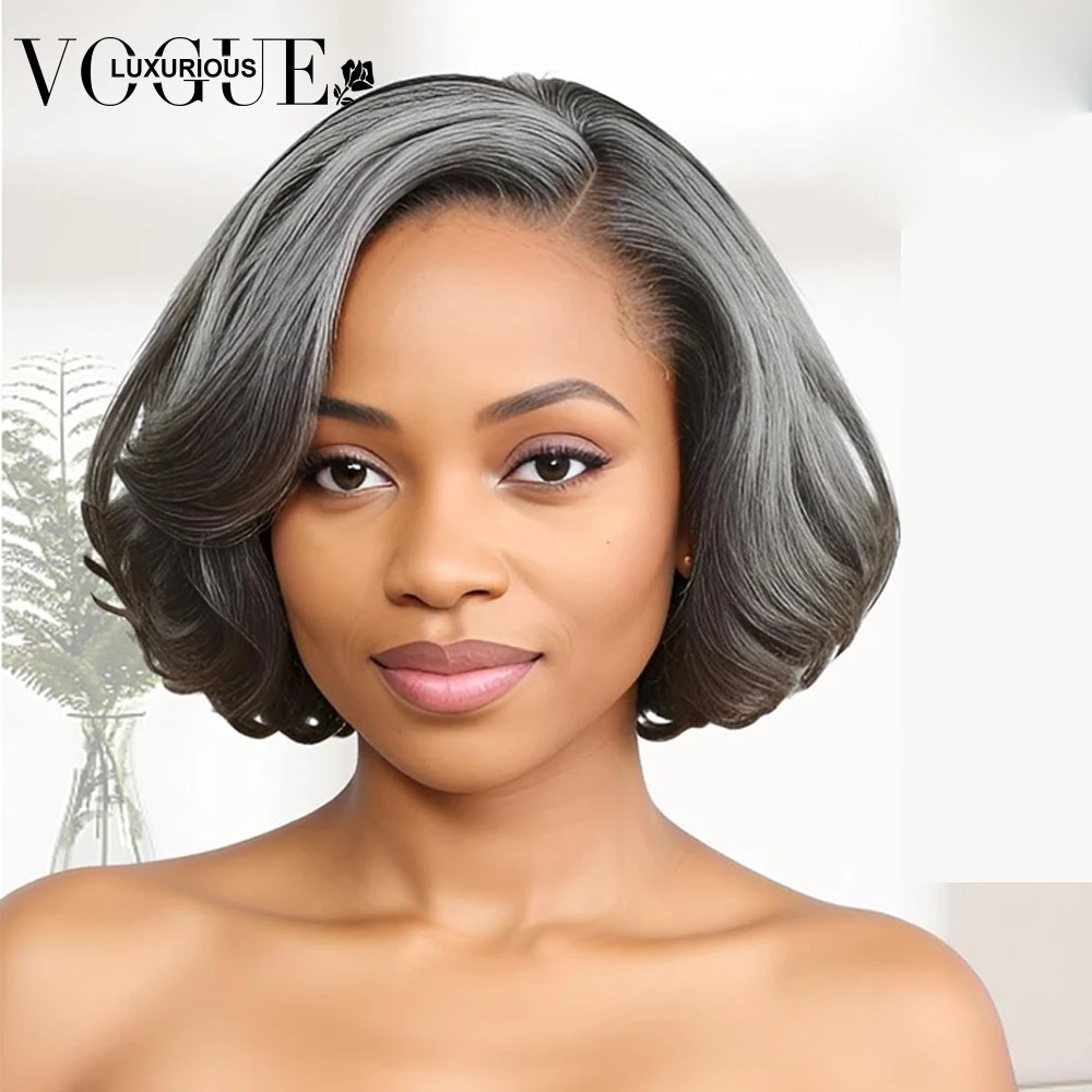 Salt Pepper Grey Highlight Colored Body Wave 4X4 Lace 5X5 Closure Wigs Short Bob Pixie Cut Human Hair Glueless Wig For Woman