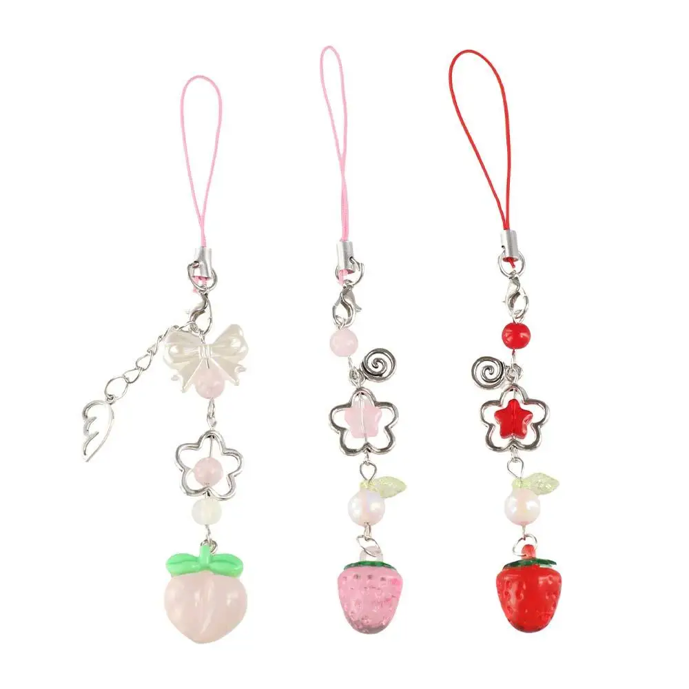 

Cute Sweet Y2K Strawberry Phone Lanyard Beaded Transparent Fruits Phone Chain Pendant Peach Phone Strap Charm Phone Case