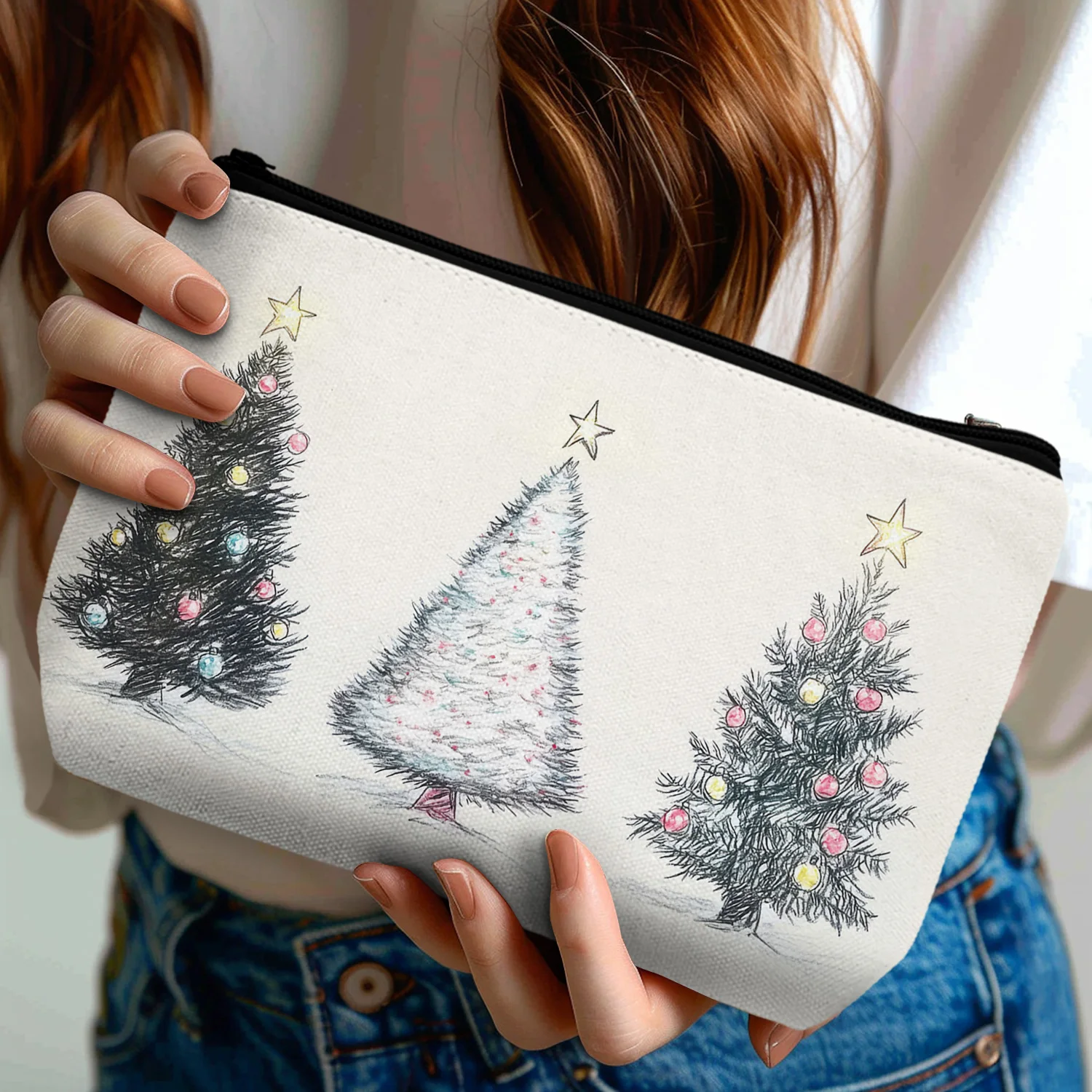 1Pc Simple Christmas Tree Star Cosmetic Bag Multifunctional Durable With Zipper Portable Women'S Cosmetic Bag Suitable For Daily