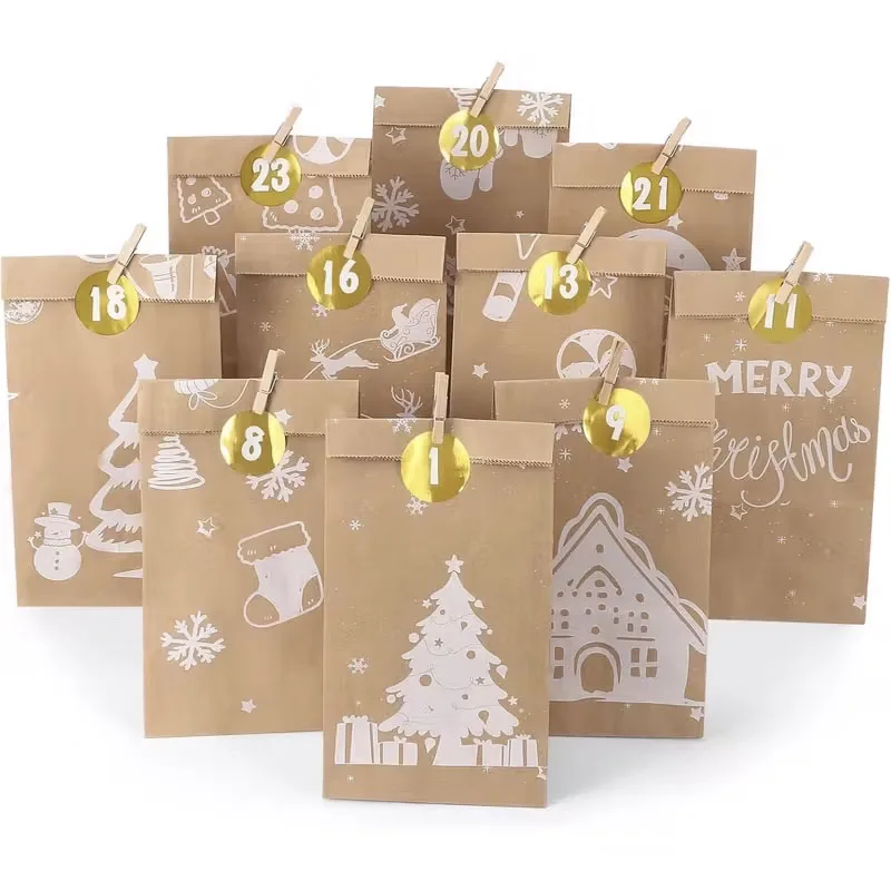 Paquete de 24 Bolsas de Regalo de Papel Kraft con Clips de Madera - Diseño de Copo de Nieve para Recuerdos de Fiesta, Empaque de Bocadillos y Regalos Originales