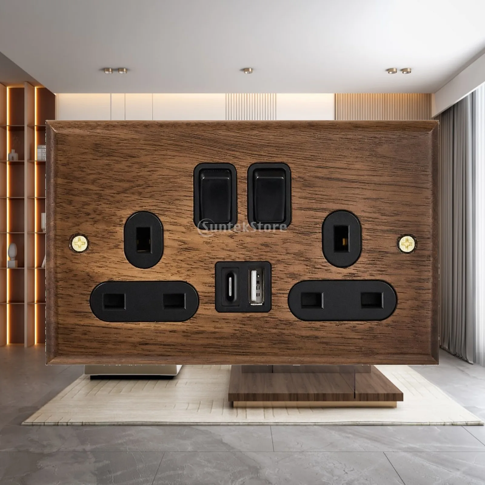 Classic Solid Wood Usb Outlet Panel with Charger and Wall Switch for Stylish Home Power Management