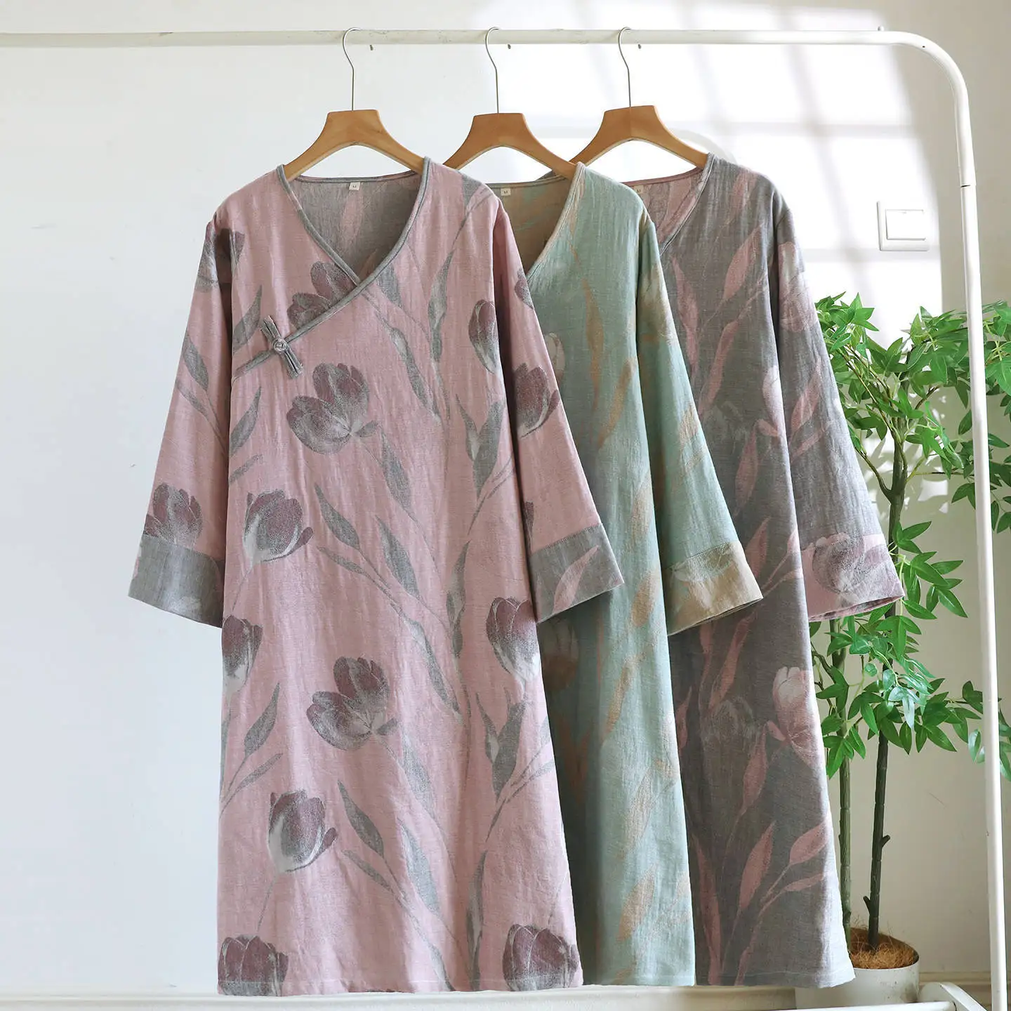 

Floral One Piece Pajamas Dress Home Clothes For Sleep Retro Women's Cotton Nightgown Autumn Long Sleeve Woman Nightwear