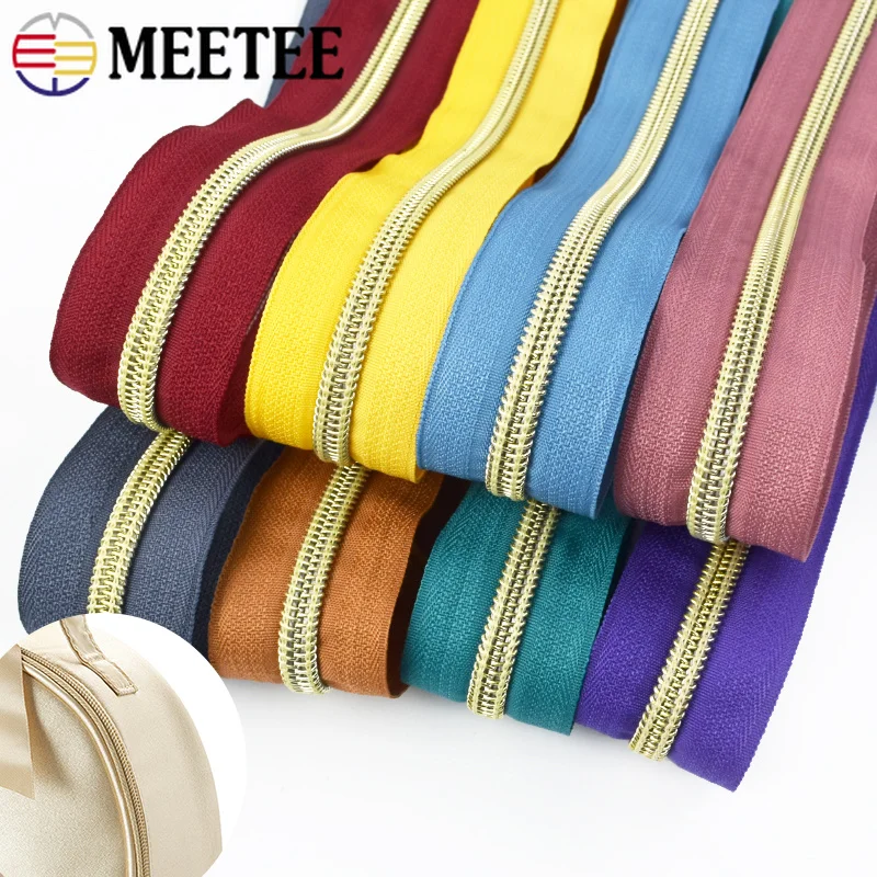 10/20M 5# Sewing Nylon Zippers Tape Gold Teeth Continuous Zipper Roll Garment Bag Shoes Decor Zip Repair Kits DIY Zips Accessory