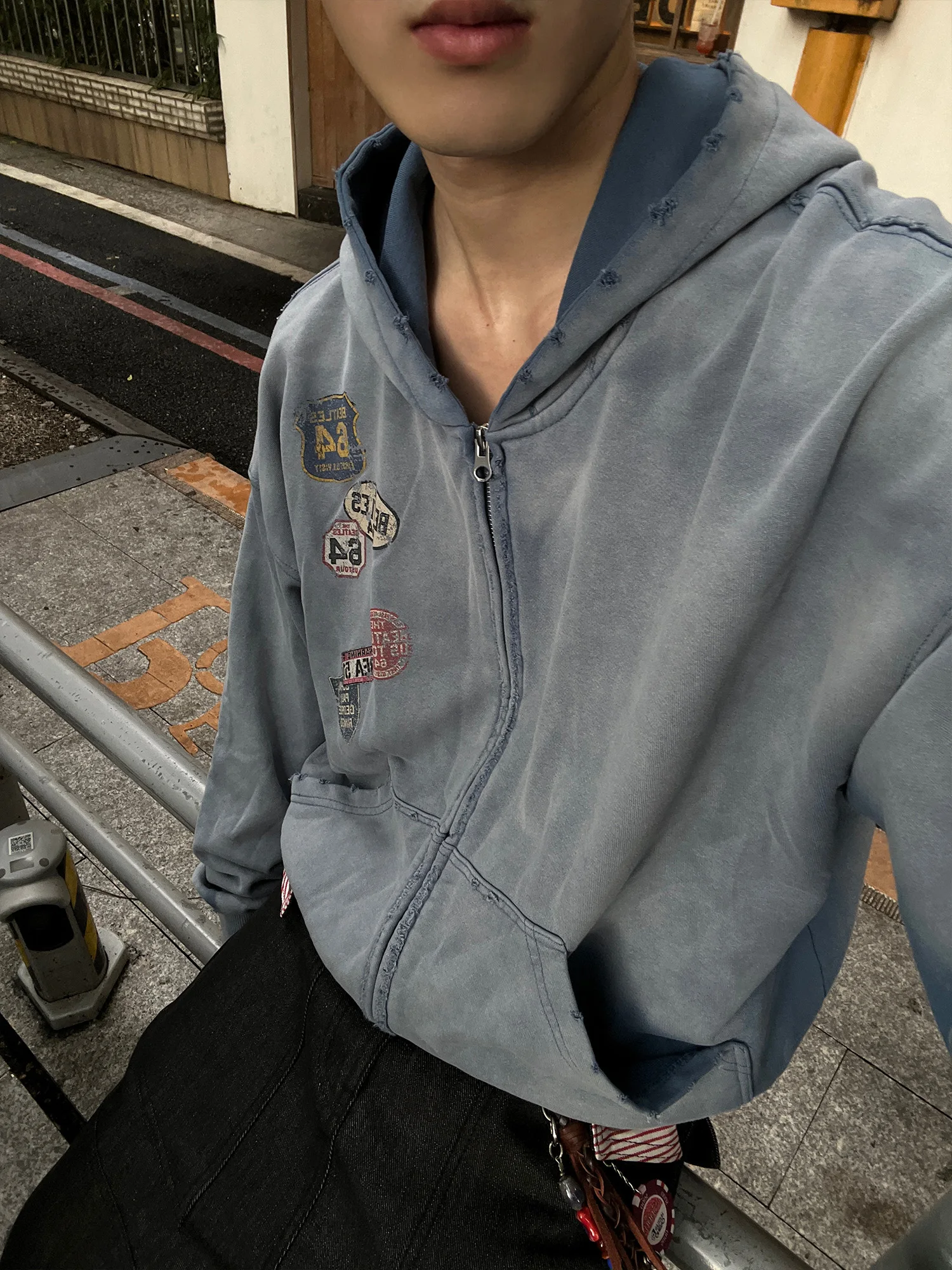 Jaqueta Cardigã Curta com Estampa Retro Desbotada para Homens e Mulheres, Hoodie de Algodão com Fechamento em Zíper e Corte Reto