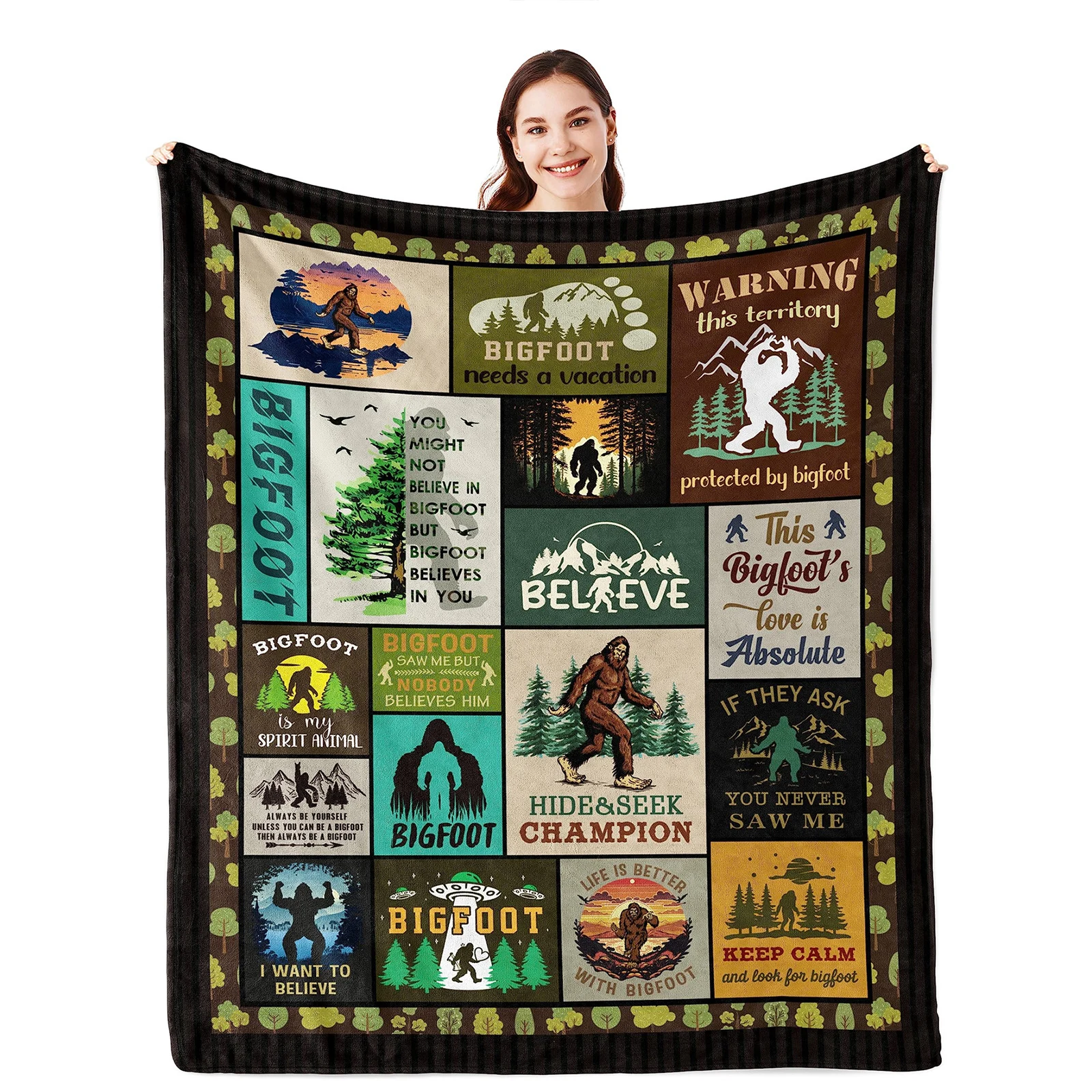 Bigfoot Flannel Blanket Forest Wild Man Splicing 3D Printed Throw Blankets for Beds Plush Quilts Travel Portable Quilt