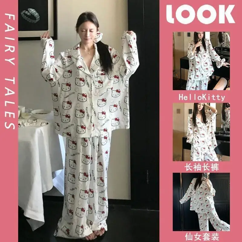 

Комплект пижам Sanrio Hello Kitty: мягкая домашняя одежда для женщин, милый мультяшный дизайн, весна-осень, с длинными рукавами и брюками, популярная ночная одежда