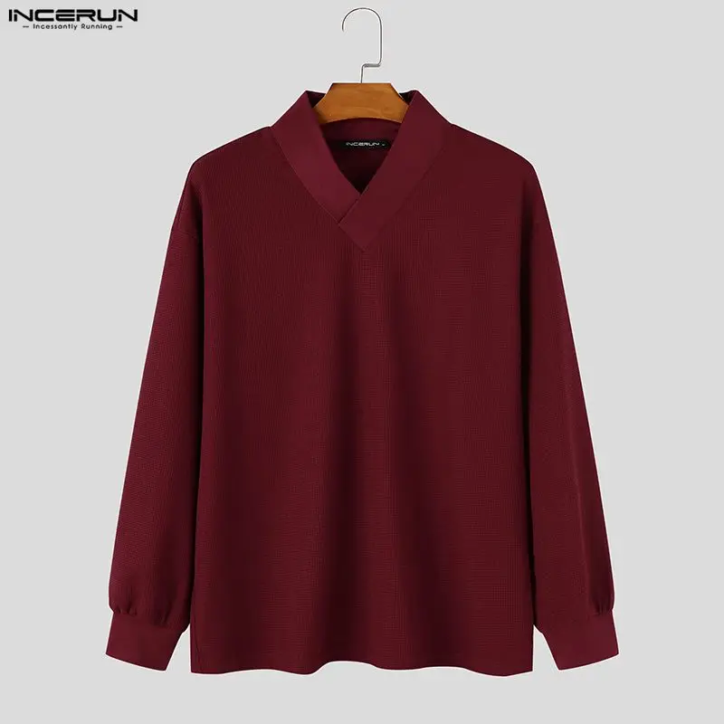 INCERUN Men's Pullovers Patchwork V Neck Long Sleeve Knitted Male Sweaters Streetwear Spring Autumn Fashion Leisure Men Clothes