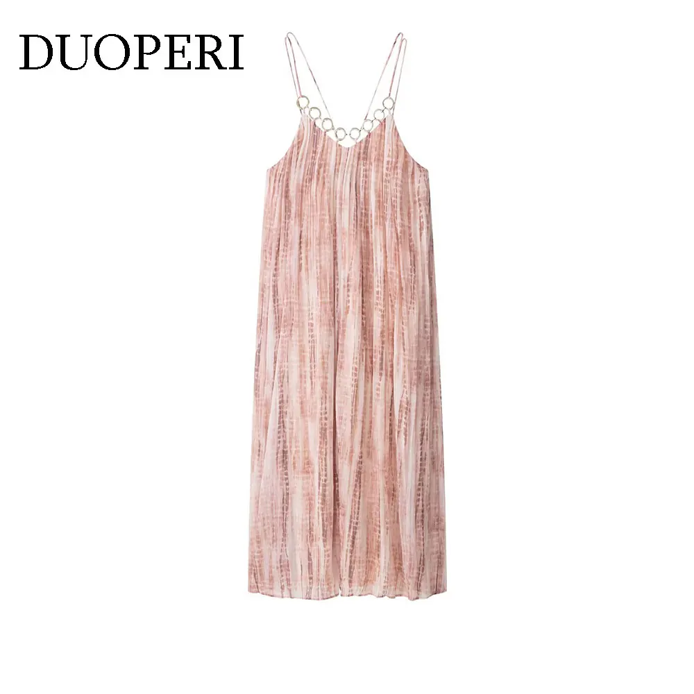 DUOPERI Frauen Tie Dye Gedruckt Plissee Backless Midi Kleid High Street Dünnen Trägern V-ausschnitt Weibliche Eleganz Chic Dame Kleider