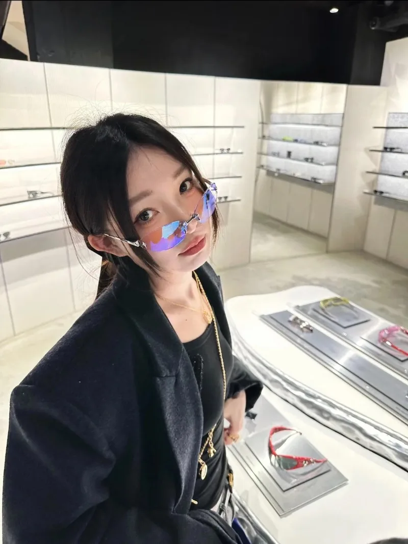 Rimless Sunglasses Women Fashion Square Korean Designer Sun Glasses Y2k Wrap Around Transparent Eyewear Gradient Shades