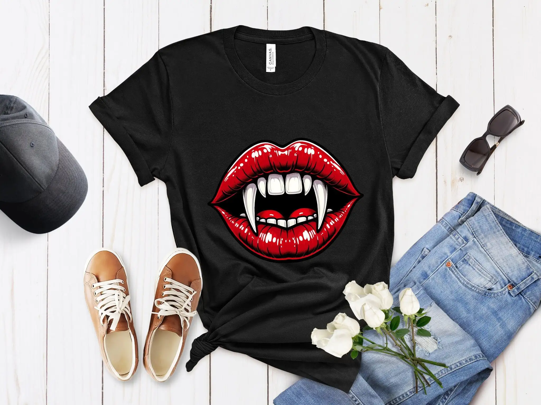 

Vampire T Shirtth Shirt Red Lips Open Mouth Gothic Top Fantasy Inspired Trendy Fangs Bold All Sizes