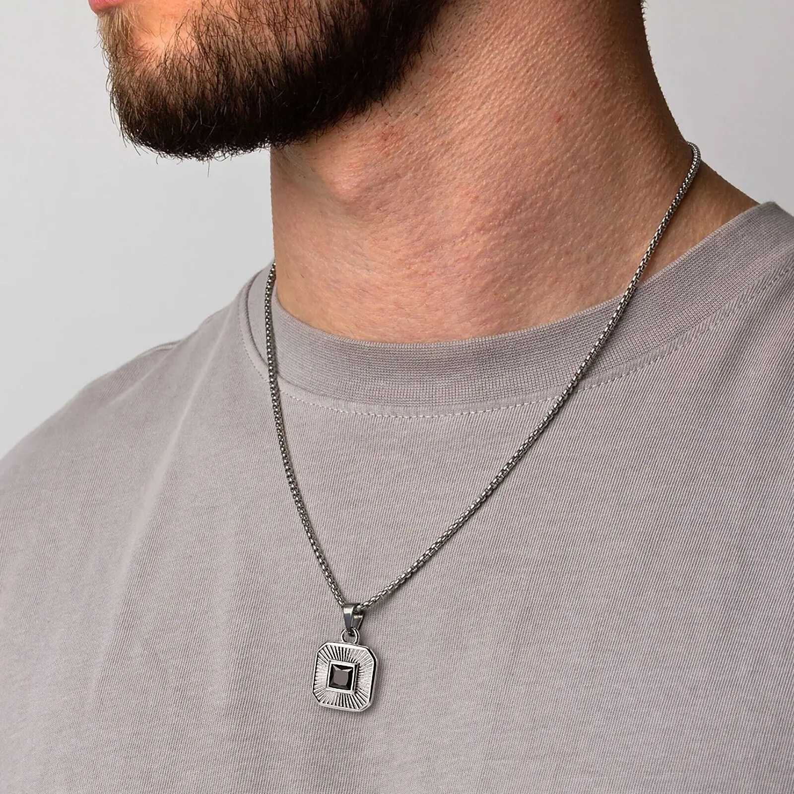Men\'s Pendant Necklace,Black Square Zircon Embossing Radiation Sunburst Pendant Collars,Stylish Stainless Steel Jewelry Gifts