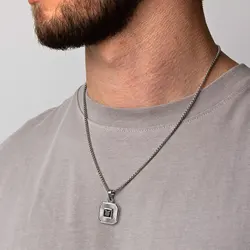 Men's Pendant Necklace,Black Square Zircon Embossing Radiation Sunburst Pendant Collars,Stylish Stainless Steel Jewelry Gifts