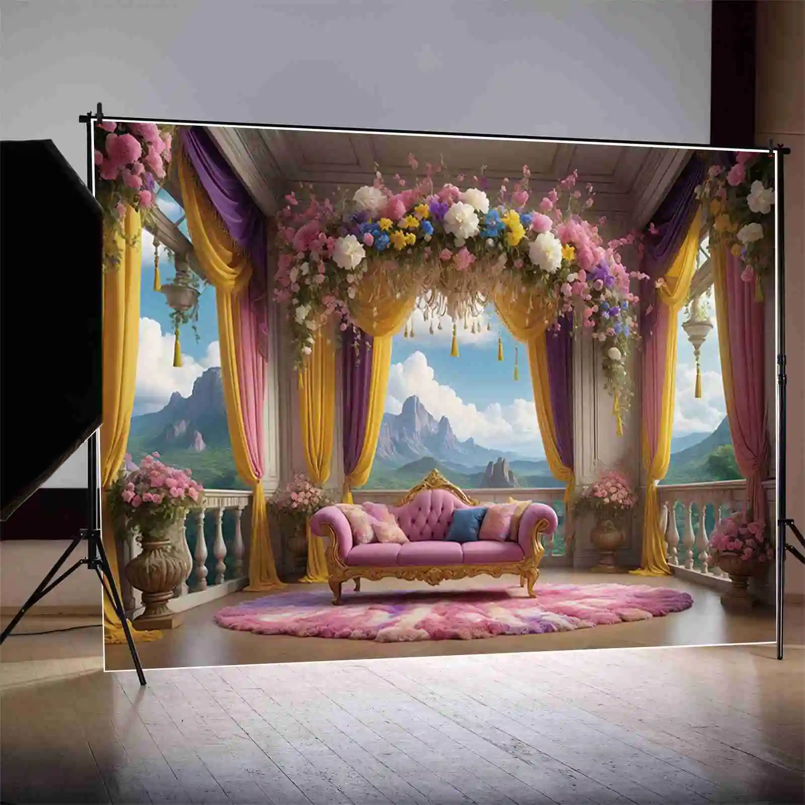 Moon.qg-花の花輪の背景、プリンセス誕生日の背景、女性のソファカーテン、カスタムパーティーの装飾、写真の小道具