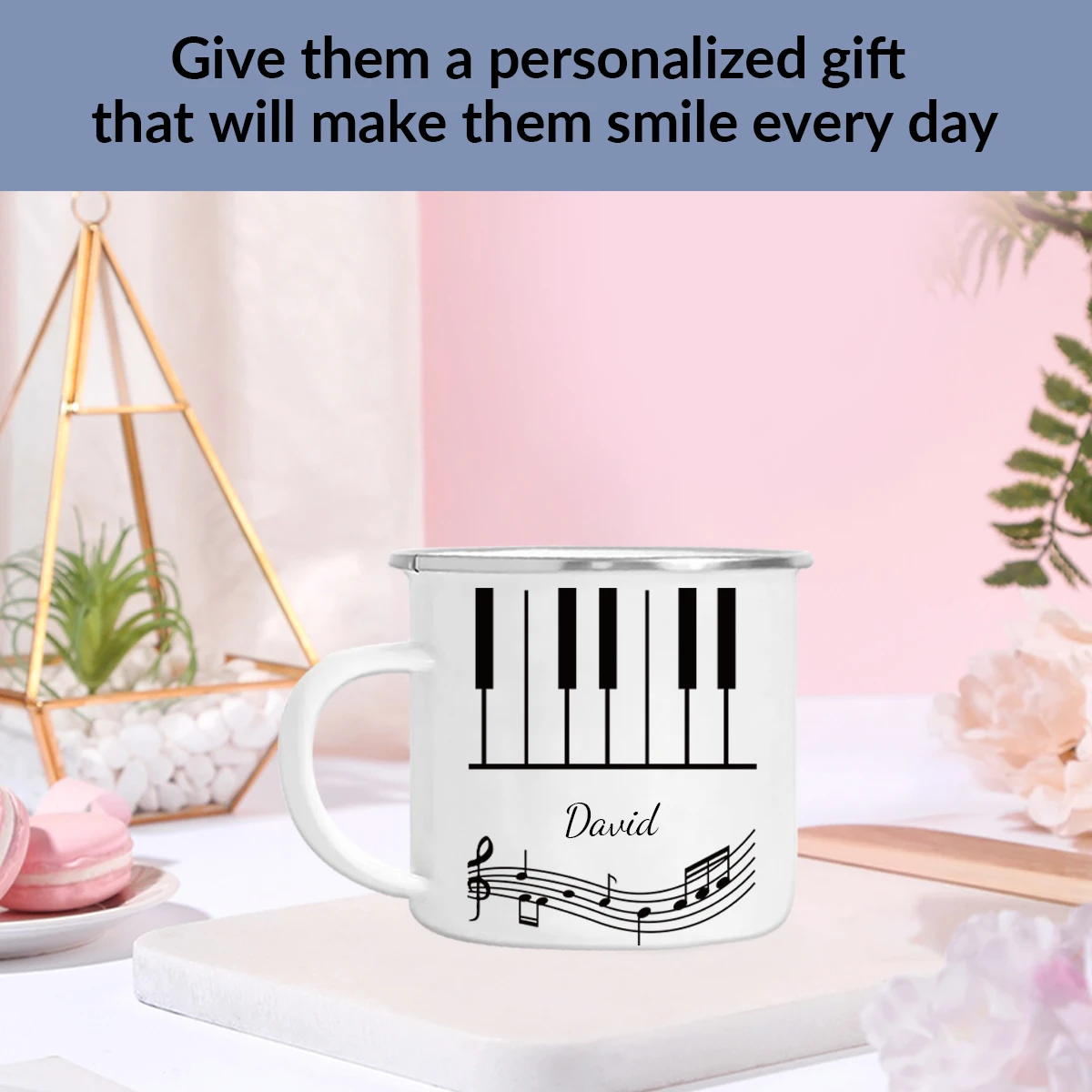 11oz Customized Name Design Text Enamel Cup 3D Print Piano Keys Party Drink Cup Breakfast Milk Cup Family Living Room Causal Mug