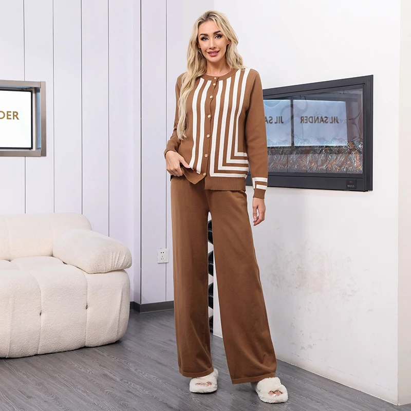 Vertical stripes O-neck Kint Long Sleeve Top Suit Straight Trouser Wide Leg Pants 2-piece Set Casual Set Women Cardigan Autumn