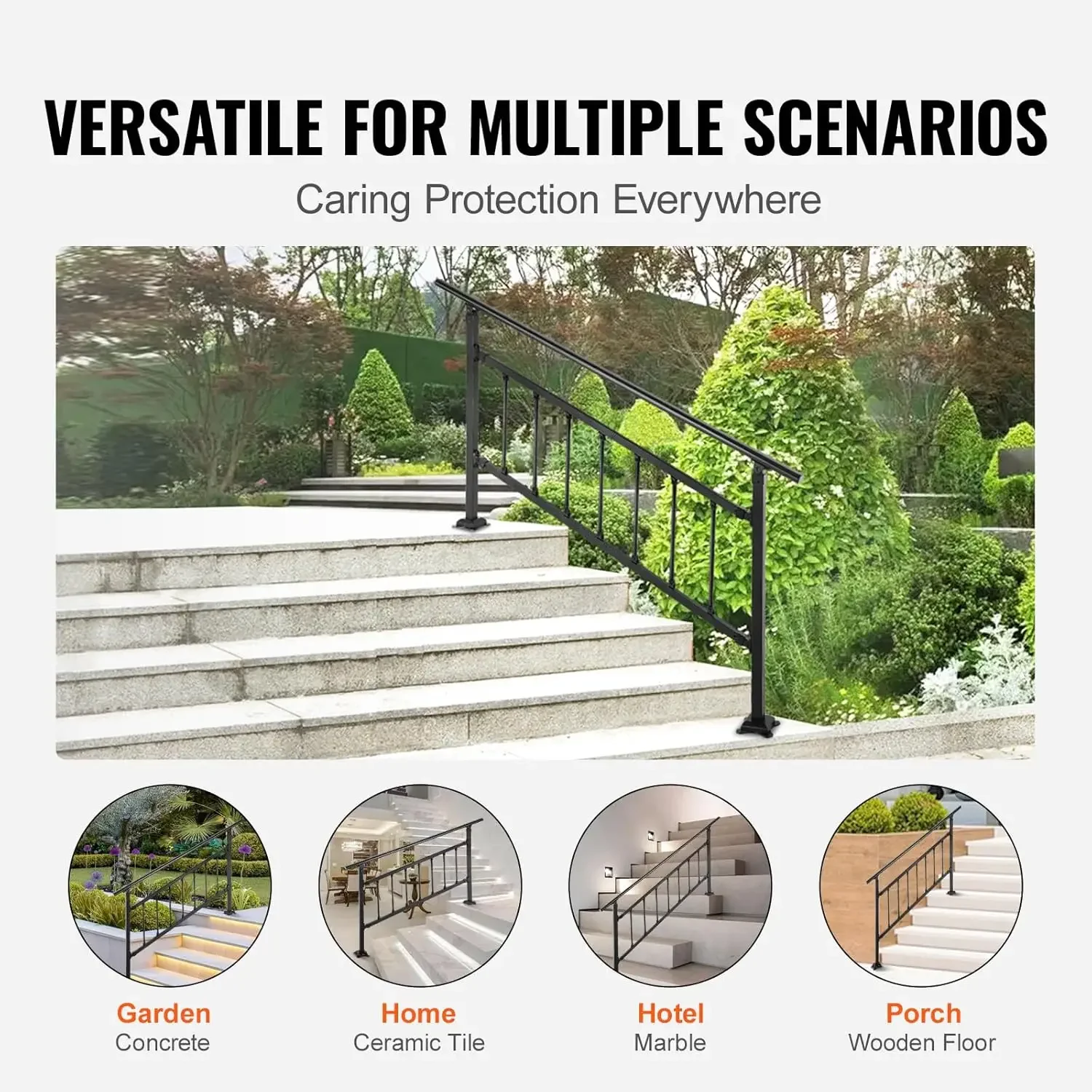 Outdoor Stair Railing, Fits for 1-5 Steps Transitional Wrought Iron Handrail, Adjustable Exterior Stair Railing with Fence