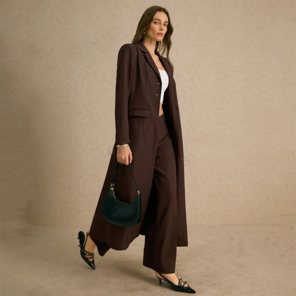 Fashion Burgundy Pants Sets 2 Piece Notch Lapel Single Breasted Long Blazer Suit Chic Casual Daily Women Suits (Coat+Pants)