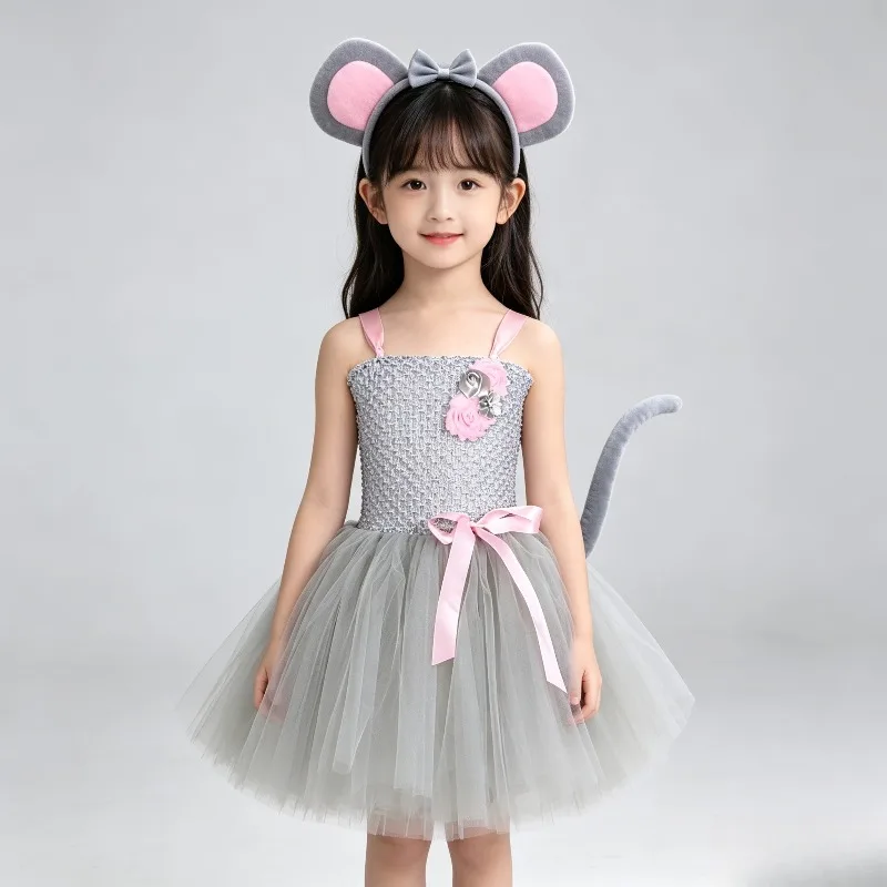 Grey Mouse Cartoon Animal Tulle Tutu Dress Fluffy Mesh Princess Skirt Girls Cute Rodent Themed Outfit for Kids Party Festival