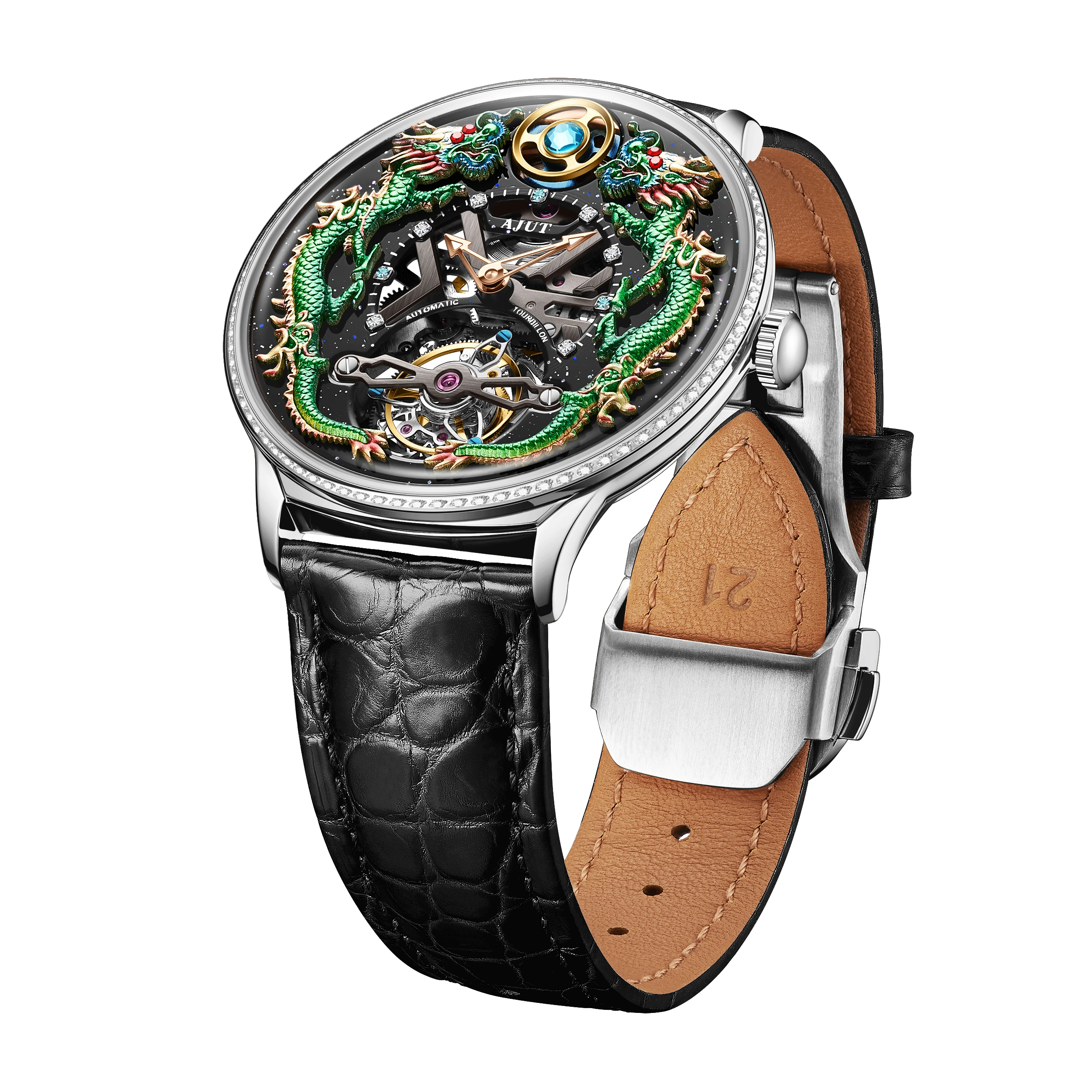 

AJUT Automatic Mechanical Mens Watch Zirconium Bezel 43mm Dragon Dial 48H Power Luxury Man Wristwatch Skeleton 0585