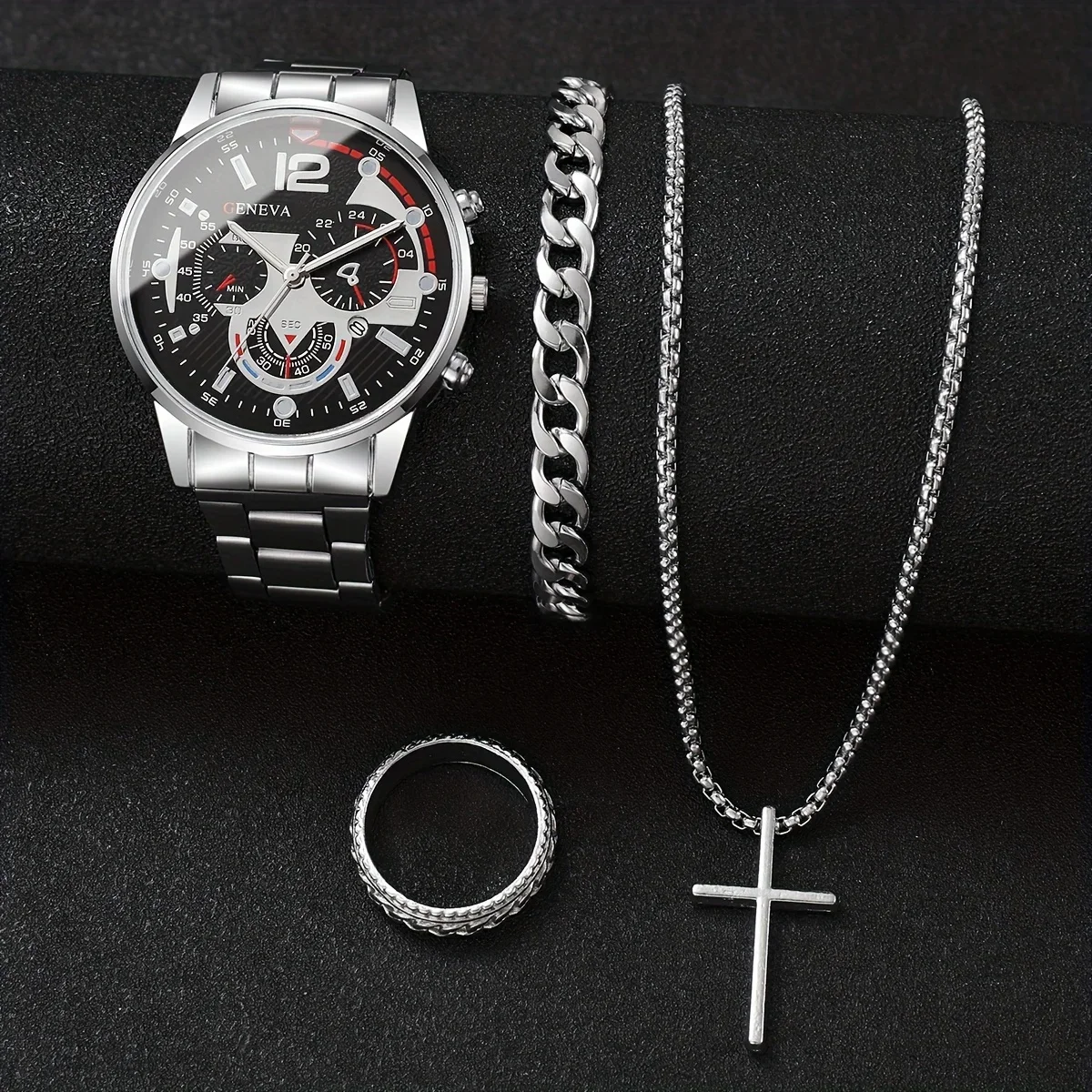 

Мужской модный комплект часов, повседневные кварцевые часы с календарем, ожерелье с подвеской в виде креста, кольцо и браслет — идеальный подарок для него