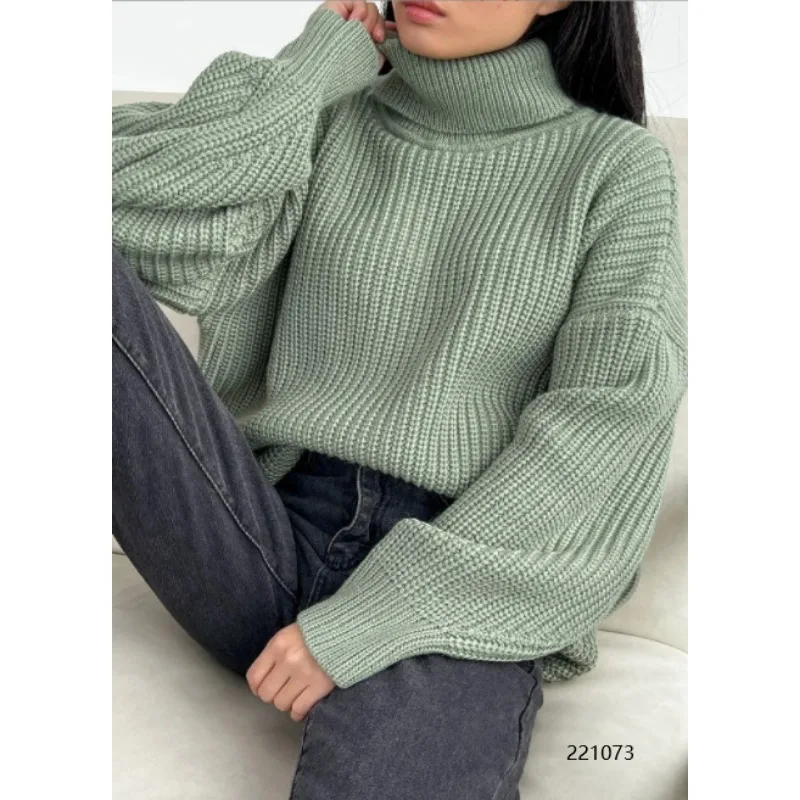 Frauen Mode einfarbig lose gestrickte Pullover Herbst Winter Pullover Pullover Top Frauen lässig Langarm Roll kragen pullover