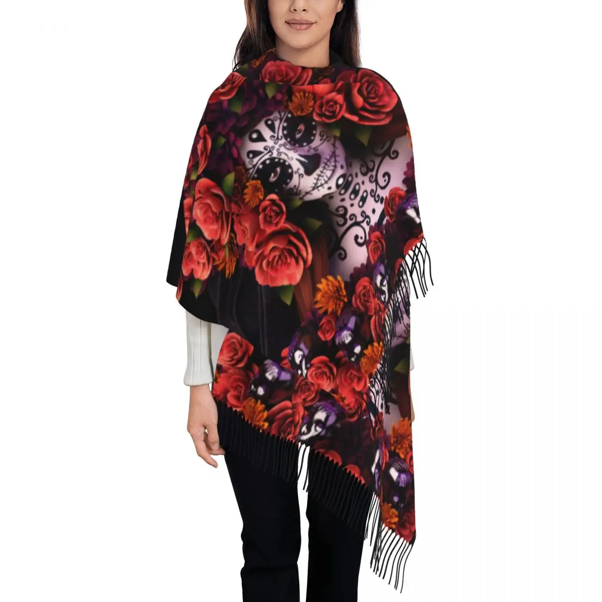 Custom Halloween Catrina Sugar Skull Scarf Wrap Women Long Winter Warm Tassel Shawl Unisex Day Of The Dead Mexican Lady Scarves