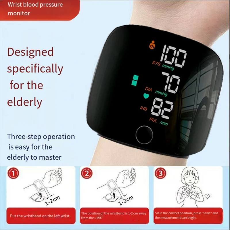 Wrist Type Blood Pressure Monitor Large Screen LED Fast Measurement Digital Tensiometer BP Tonometer Heart Rate USB Rechargeable