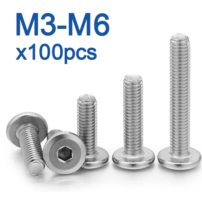 100pcs/lot 304 Stainless Steel Large Flat Hex Hexagon Socket Head Allen Screw Furniture Screw Connector Joint Bolt M3 M4 M5 M6