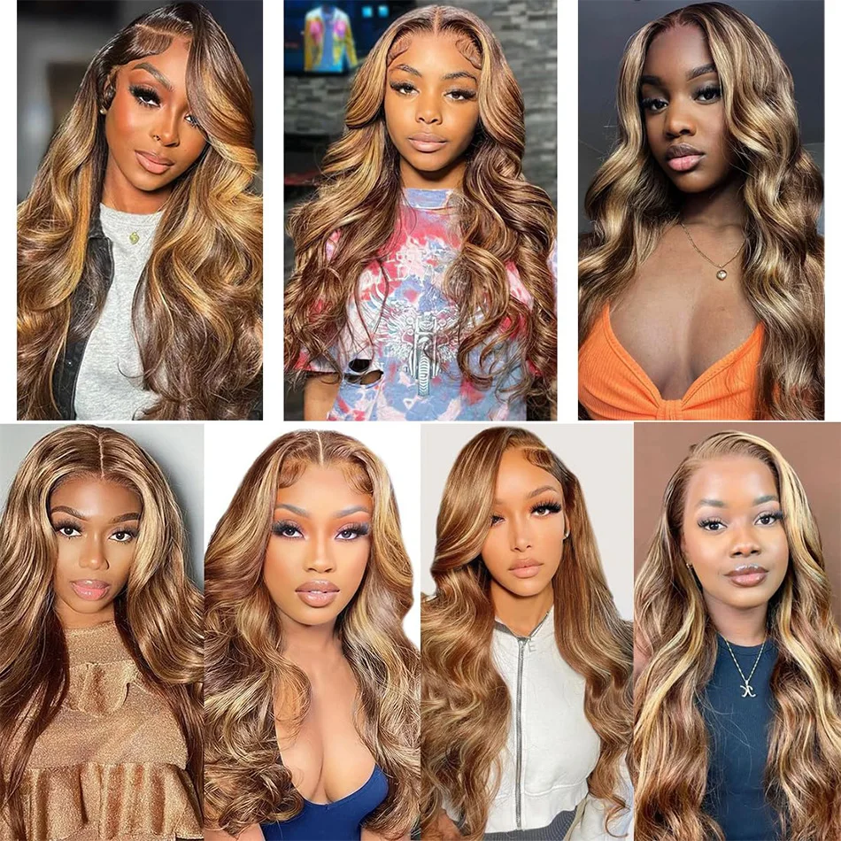 30 40 Inch 4/27 Highlight Colored Ombre Blonde Body Wave Wig Human Hair Brazilian 13x6 HD Transparent Lace Frontal Wig For Women