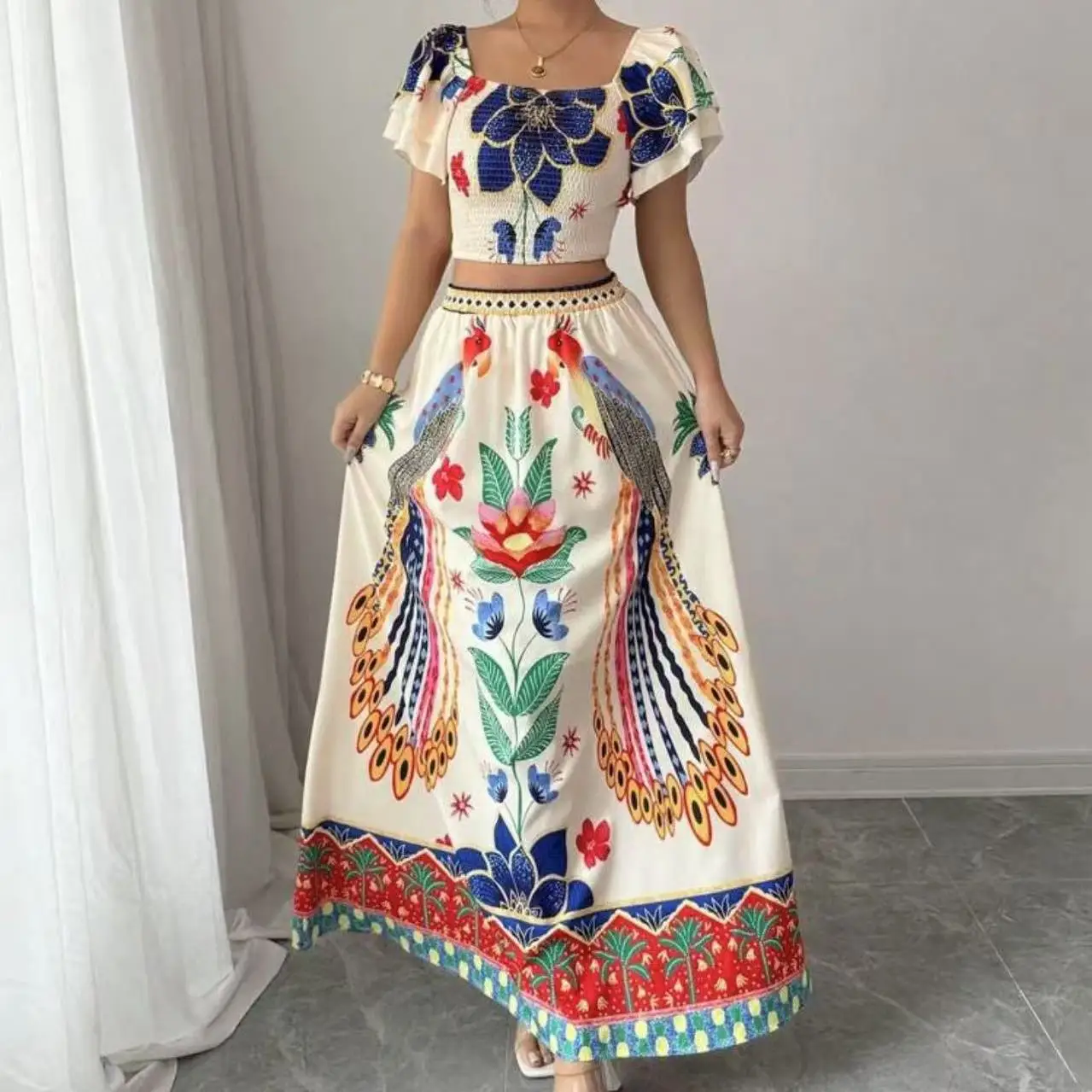 2025 novo verão floral impressão casual vaion feminino ort sve topo saia longa faion conjunto redondo ne pulôver terno de duas peças