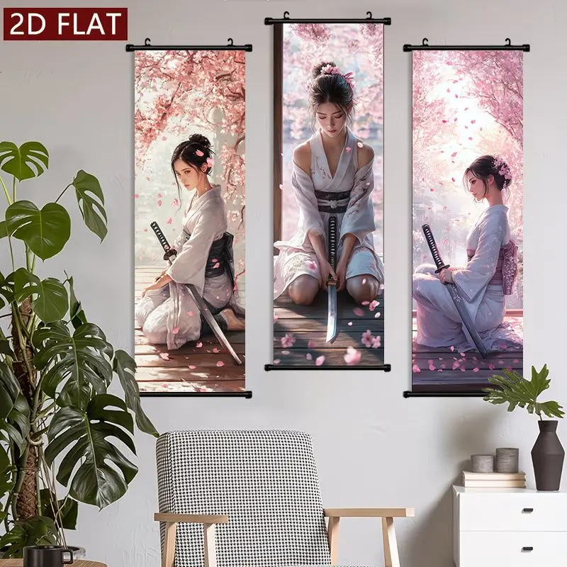Japanese Samurai Scroll Tapestry, Vertical Wall Hanging Featuring the Aesthetics of a Samurai in a Kimono, Zen Bedroom Decor