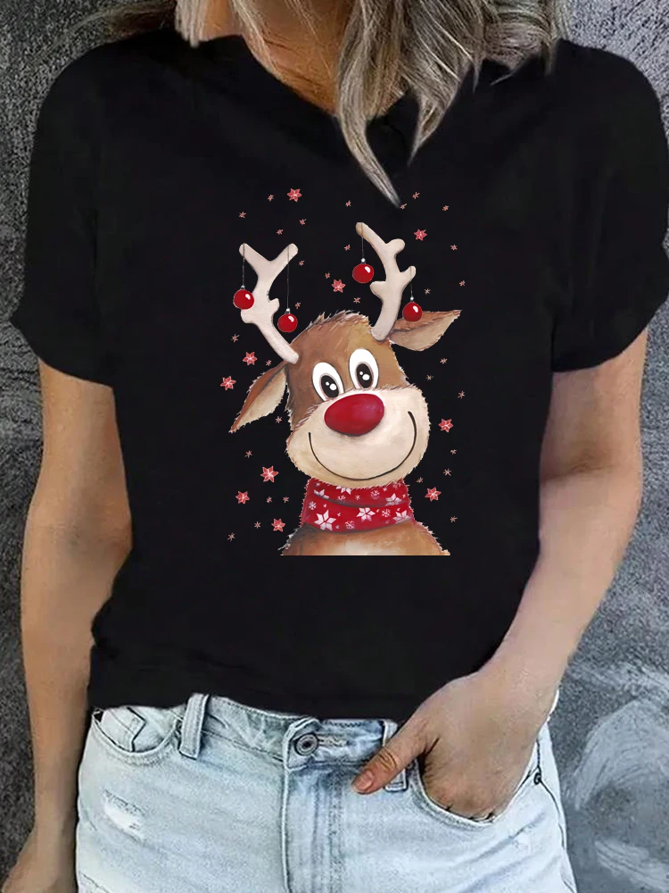 Cute Christmas Reindeer Printed Women T Shirt Casual Short Sleeve O Neck Female Tshirt Ladies Tee Shirt Top Christmas Gifts