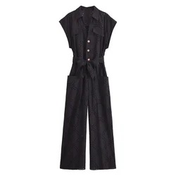 PB&ZA2024 Summer New Product Casual Women's Fashion Bow Waist Strap Short Sleeve Hollow Embroidery jumpsuit