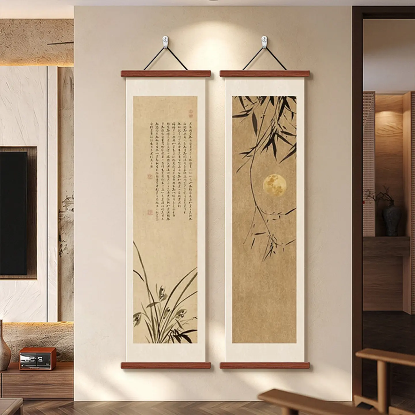 Wall Art Ink Bamboo Stalks Song Style Pearlescent Canvas Hanging Scroll with Wooden Rods for Entryway Hallway Tea Room