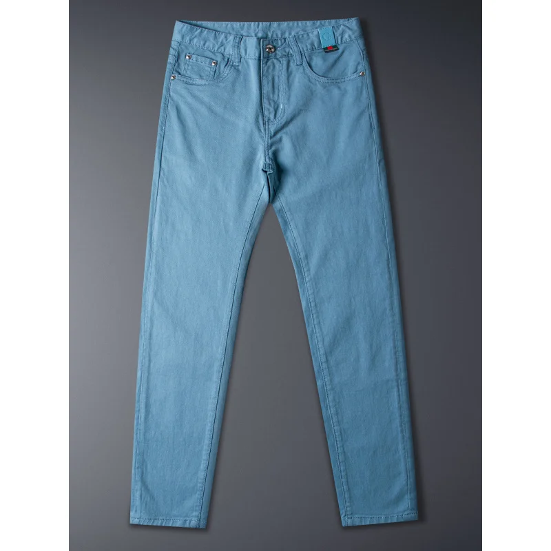 

Summer thin sky blue jeans men's trendy brand high-end slim fit small foot elastic casual business pants