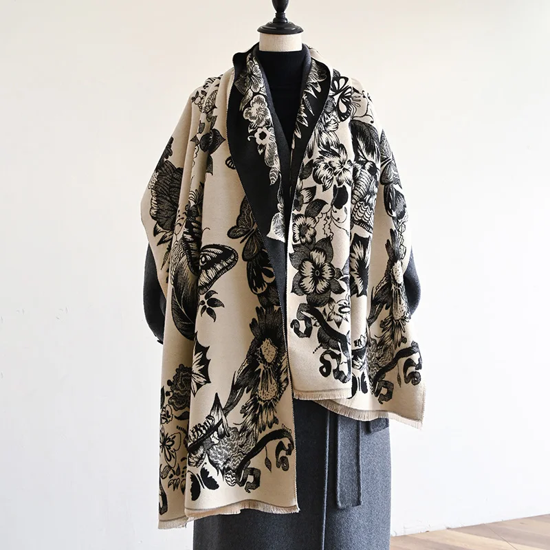 Luxury garden butterfly print imitation cashmere scarf thickened autumn and winter new muffler shawl neckerchief muffle